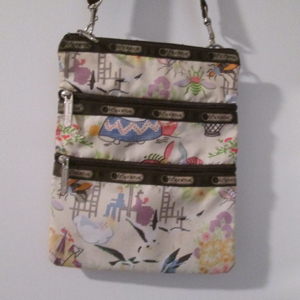 LeSportsac Floral Bee Bird & Cross Stitch Print 3 Zipper Crossbody Purse Bag